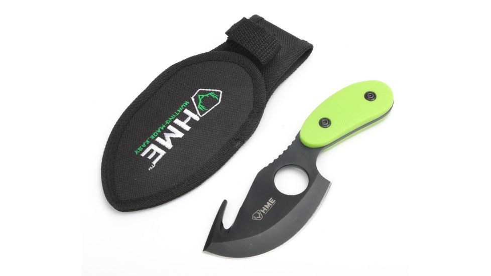 HME Fixed Blade Knife,4in w/Gut Hook,Black Oxide 420HC Steel Blade,Yellow Handle HME-KN-40FBGH