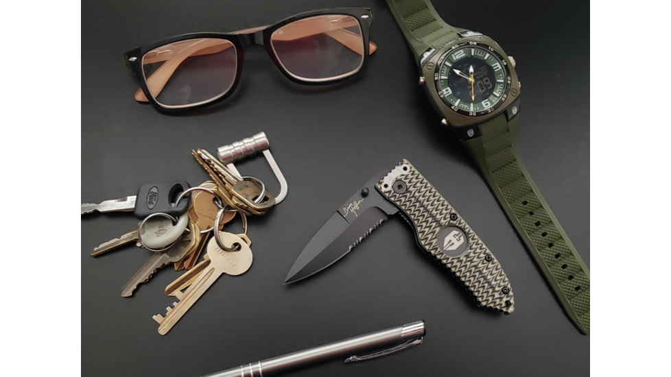 Hoffner Knives 2.8in Chiseled Grip Combo Blade Folding Knife, 440c Spear Point Blade, Olive/Black, FK-S2CBK-CDO