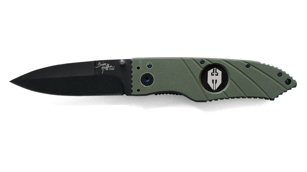 Hoffner Knives 3.5in Flatline Grip Smooth Blade Folding Knife, 440c Spear Point Blade, Olive/Black, FK-S3SBK-FO