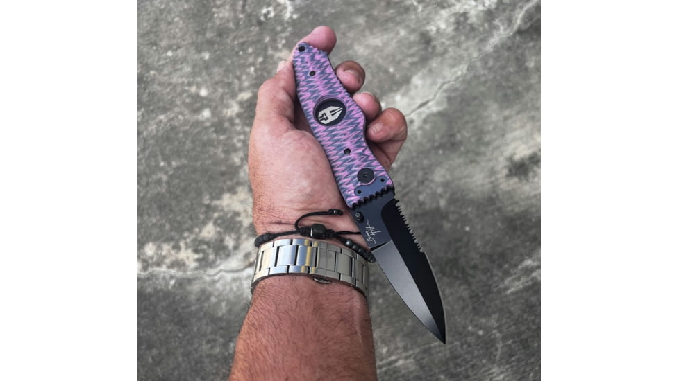 Hoffner Knives Folding Knife, 3.5in, 440c, Spear Point Blade, Chiseled Valkyrie Grip, Black Combo Blade, FK-S3CBK-CPG