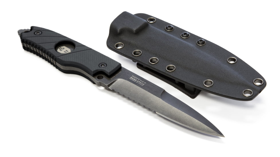 Hoffner Knives Hand Spear Flatline Combo Fixed Blade Knife, 4 7/8in Stainless Steel Spear Point Blade, Khaki/Black, 4 7/8in Blade, HS-S5CBK-FK