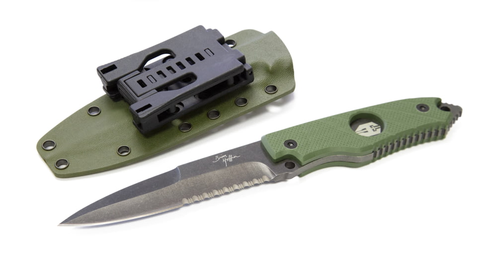 Hoffner Knives Hand Spear Flatline Combo Fixed Blade Knife, 4 7/8in Stainless Steel Spear Point Blade, Olive/Black, HS-S5CBK-FO