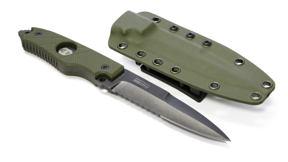 Hoffner Knives Hand Spear Flatline Combo Fixed Blade Knife, 4 7/8in Stainless Steel Spear Point Blade, Olive/Black, HS-S5CBK-FO