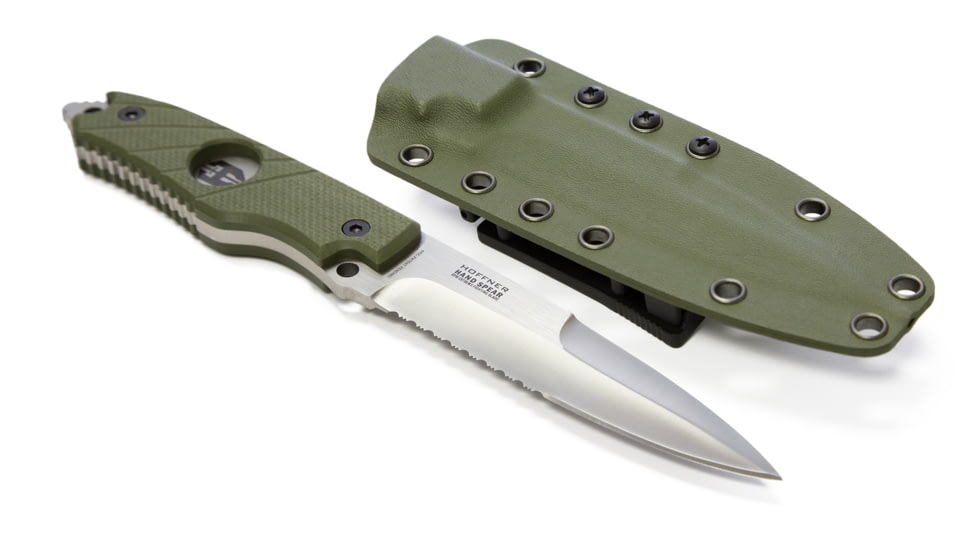 Hoffner Knives Hand Spear Flatline Combo Fixed Blade Knife, 4 7/8in Stainless Steel Spear Point Blade, Olive/Silver, HS-S5CBS-FO