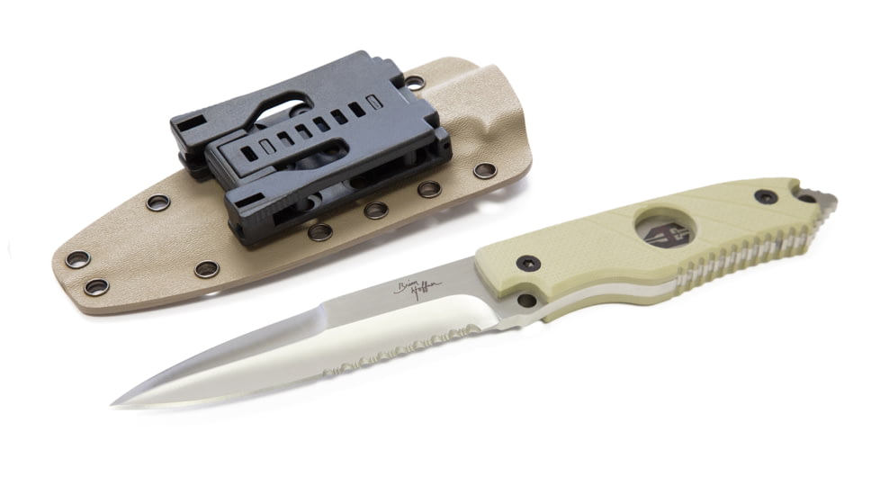 Hoffner Knives Hand Spear Flatline Combo Fixed Blade Knife, 4 7/8in Stainless Steel Spear Point Blade, Silver/Khaki, 4 7/8in Blade, HS-S5CBS-FK