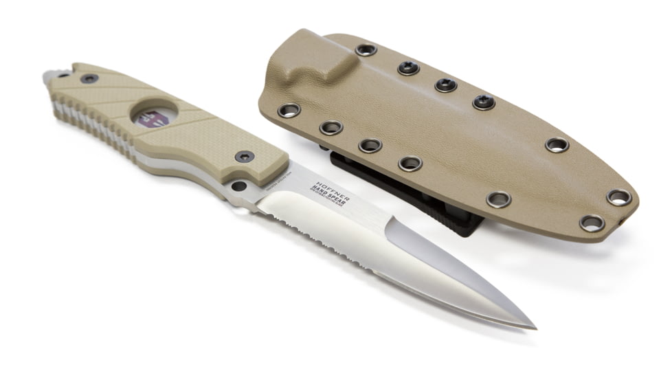 Hoffner Knives Hand Spear Flatline Combo Fixed Blade Knife, 4 7/8in Stainless Steel Spear Point Blade, Silver/Khaki, 4 7/8in Blade, HS-S5CBS-FK
