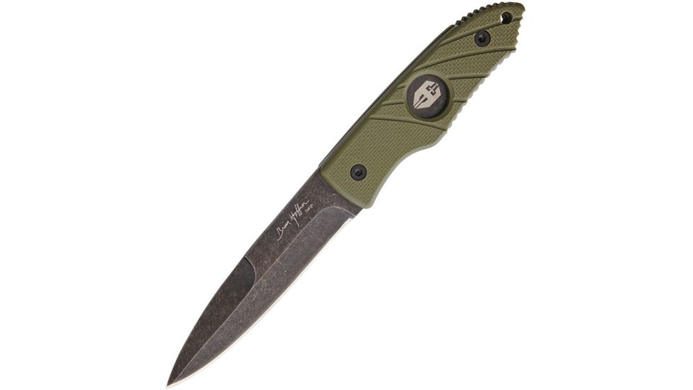 Hoffner Knives Hand Spear Standard Edge Olive Fixed Blade Knife, 4.88in, 440C Steel, Spear Point, Black Stonewash, OD Green, G10 Handle ATA19