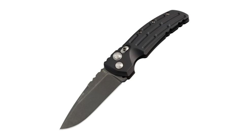 Hogue EX-A01 Automatic Tactical Folding Knife, 3.5in, 154CM Stainless, Drop Point Blade Tumbled Finish, Matte Black Aluminum Handle, 34136