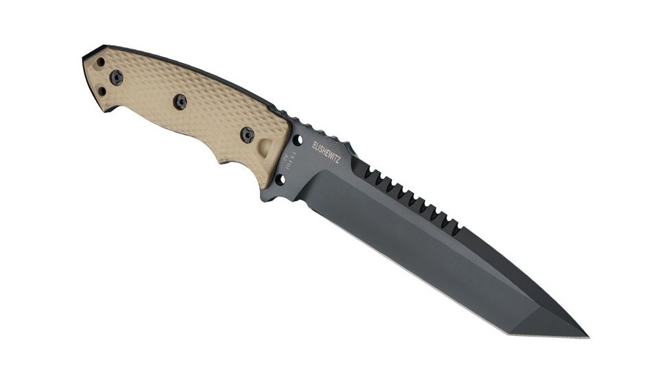 Hogue EX-F01 7in Fixed Tanto A-2 Steel Blade w/Black Automatic Retention Sheath, Black Finish, G10 Flat Dark Earth Scales, 35107