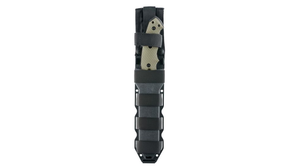 Hogue EX-F01 7in Fixed Tanto A-2 Steel Blade w/Black Automatic Retention Sheath, Black Finish, G10 Olive Drab Green Scales, 35108