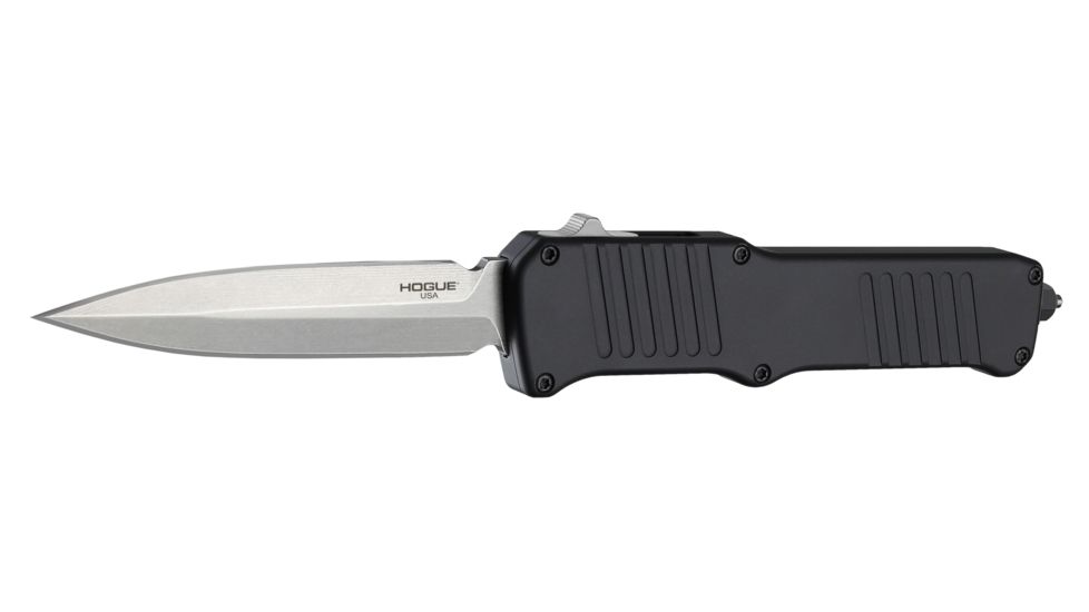 Hogue Incursion Automatic Folding Knife, 3.9in, 154CM Stainless Steel, Stone Tumbled, Dagger Blade, Matte Black Aluminum Handle, 54060-EXLKRL