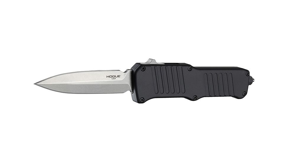 Hogue Mini Incursion Automatic Folding Knife, 3.1in, Double Edge Blade, Gray Finish, Matte Black Handle, 54070-EXLKRL