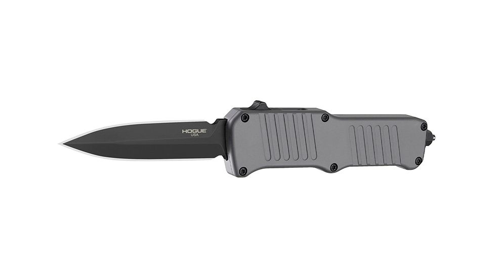 Hogue Mini Incursion Automatic Folding Knife, 3.1in, Double Edge Blade, Black Finish, Matte Gray Handle, 54072-EXLKRL