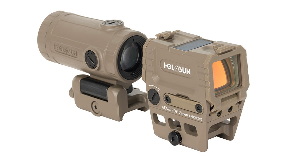 Holosun OPMOD AEMS Red Dot &amp; HM3XT Magnifier Combo, Green MRS, Flat Dark Earth, AEMS 221311&amp;HM3XT-FDE
