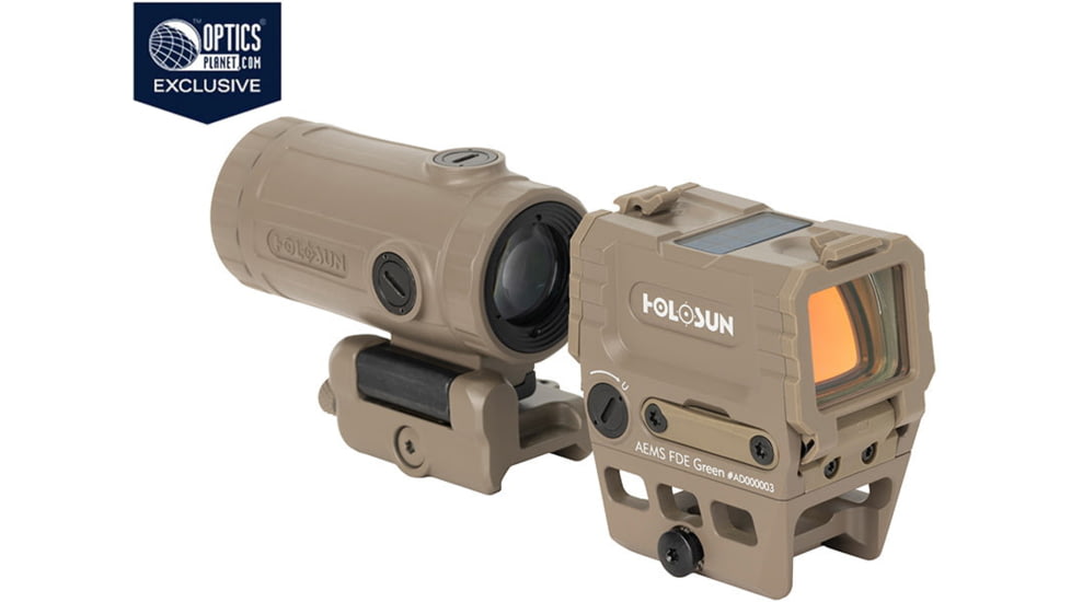 Holosun OPMOD AEMS Red Dot &amp; HM3XT Magnifier Combo, Green MRS, Flat Dark Earth, AEMS 221311&amp;HM3XT-FDE