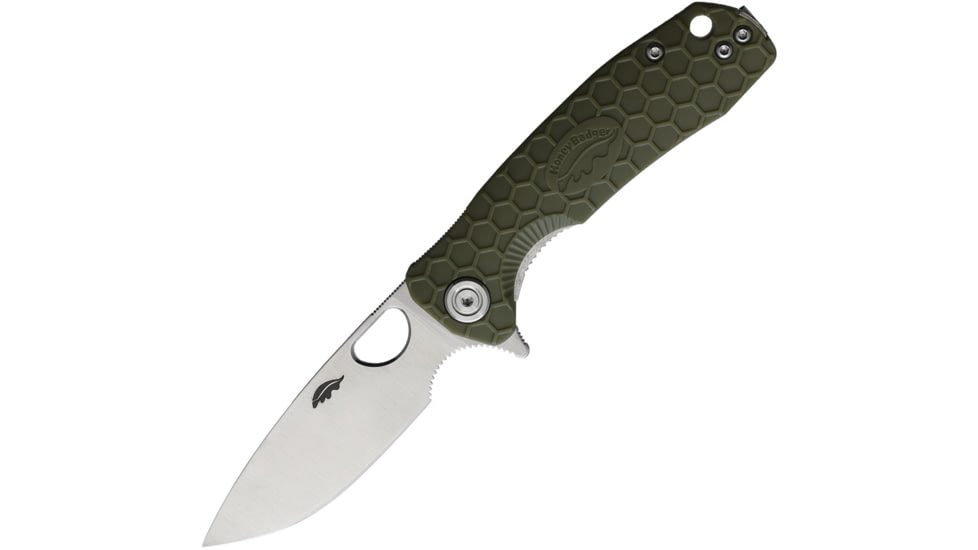 Honey Badger Knives Small Linerlock Folding Knife, 2.75 satin finish 8Cr13MoV stainless drop point b, Green textured GRN handle, HB1023