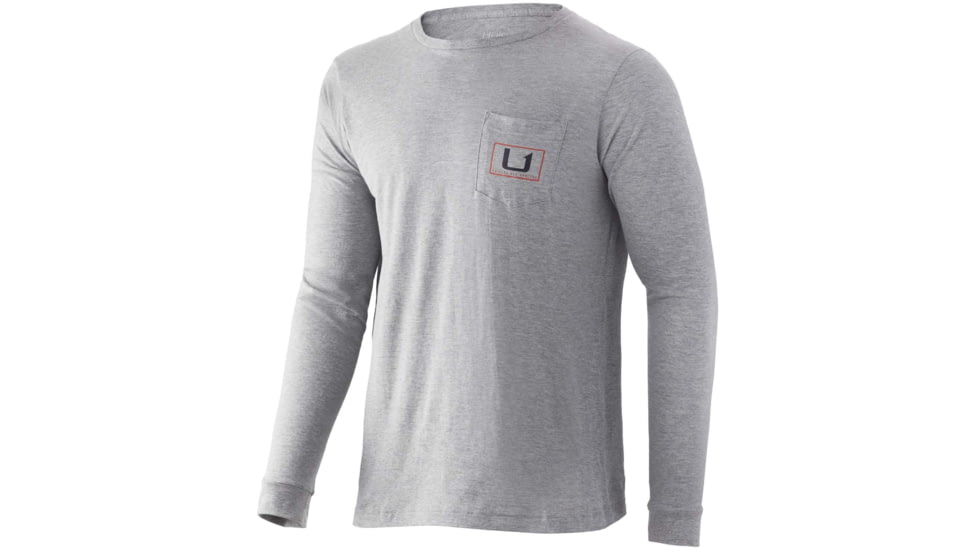 HUK Performance Fishing United L/S Pocket Tee - Mens, Heather Grey, Medium, H1000351-033-M