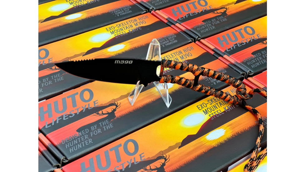 Huto Lifestyle EXO-Skeleton High Mountain M390 Steel 3.25in Fixed Blade Knife, Black Parkarized, Orange/Black, EXOSKTNHGHMTN390PO/B
