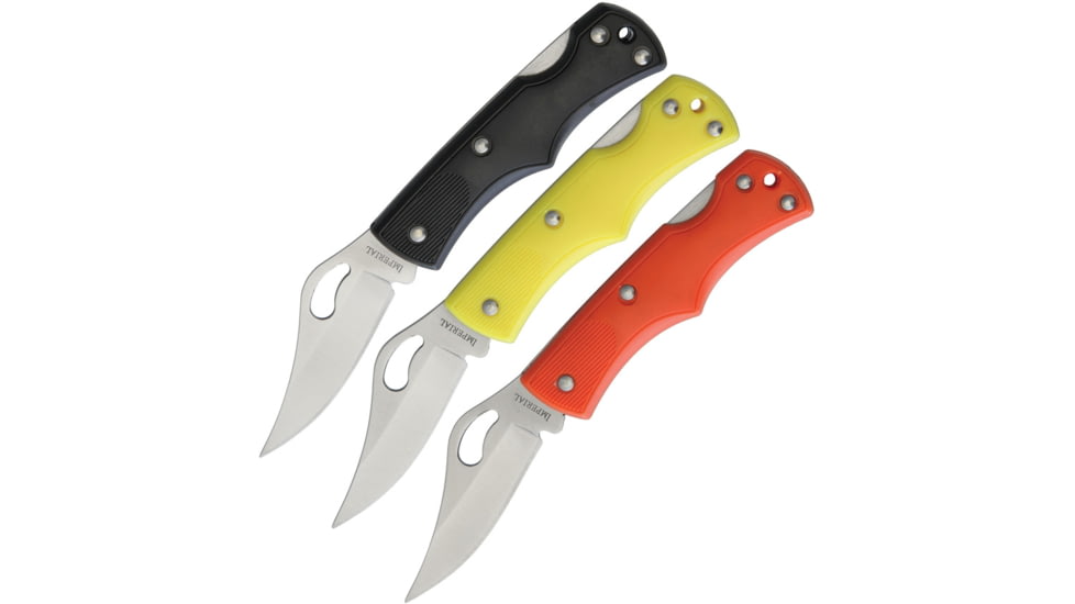 Imperial Schrade Lockback Combo Folding Knife, 2in Satin SS Clip Point Blade, Plastic Handle, Thumb Pull, Pocket Clip, Black, Orange, Yellow Handles, IMP17-17CP