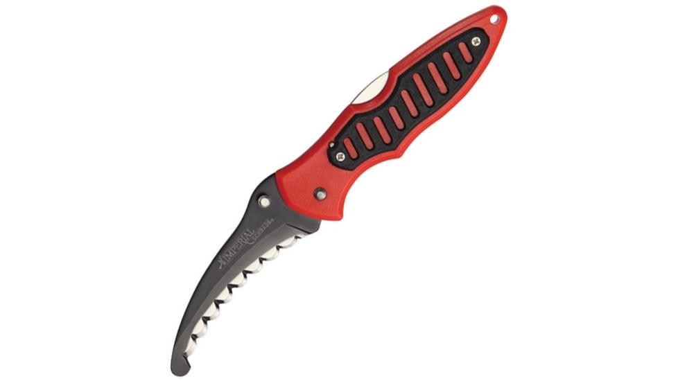 Imperial Schrade Rescue Lockback Red/Black Folding Knife, 3 1/4in Black Curved Design Scalloped Edge Blade With Thumb Stud, Red Composition Handles With Black Trim, SS Pocket Clip, IMP0022CP