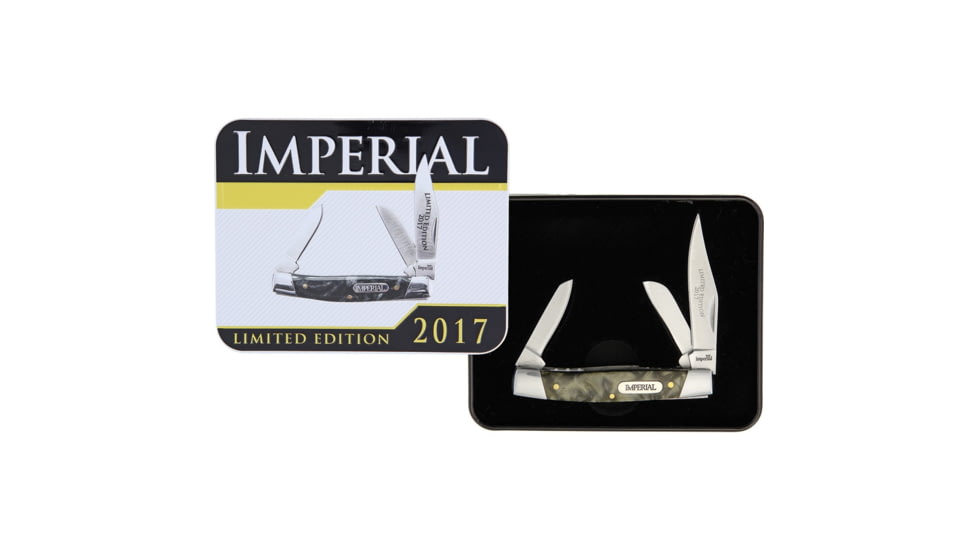 Imperial Schrade Stockman with Gift Tin Folding Knife, Satin SS Clip, Sheepsfoot, Spey Blades, Gray Synthetic Handle, SS Bolster, Comes In 2017 Limited Edition Gift Tin, IMP17-16CP