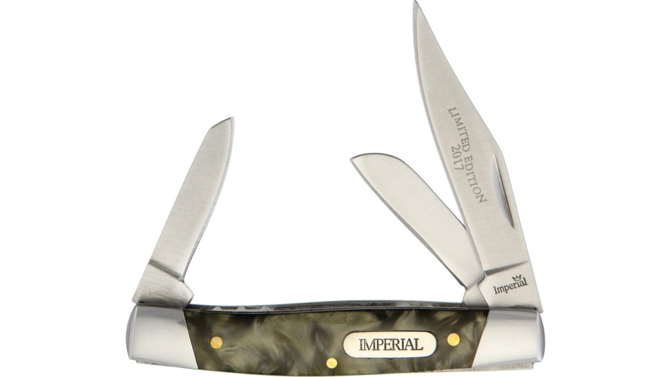 Imperial Schrade Stockman with Gift Tin Folding Knife, Satin SS Clip, Sheepsfoot, Spey Blades, Gray Synthetic Handle, SS Bolster, Comes In 2017 Limited Edition Gift Tin, IMP17-16CP