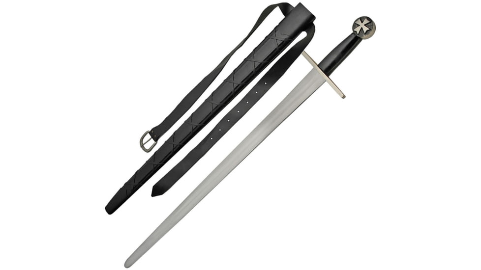 India Made Cross Guard Sword with Belt, 37.5in Overall, 30in Carbon Steel Blade, Black Leather Wrapped Handle, Iron Guard And Pommel, Black Leather Wrapped Scabbard With Belt Strap, Black, 910972