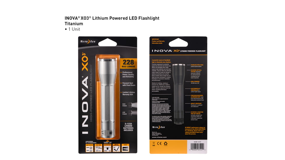 Inova XO3 123A Lithium Powered LED Flashlight,228 Lumens,Titanium XO3B-14-R7