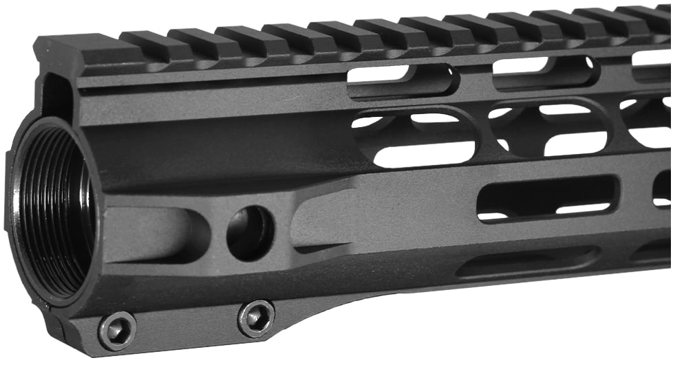 JE Machine Tech AR-15 M-Lok Free Float Clamp On Quad Rail Handguard, 12 in, Barrel Nut Included, No Anti Rotation Tabs, Black, PS-223MLK12GBLK-NAR