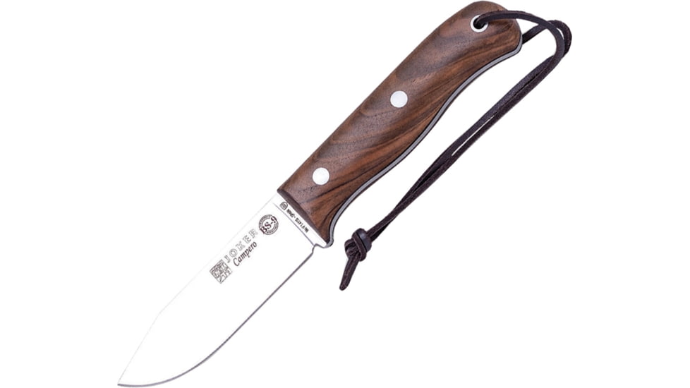 Joker Knives Bushcraft Knife Walnut Handle Fixed Blade Knife, Bushcraft Knife, 8.75in Overall, 4in Satin Sandvik 14C28N SS Drop Point, Walnut Handle, Brown Leather Belt Sheath, CN112