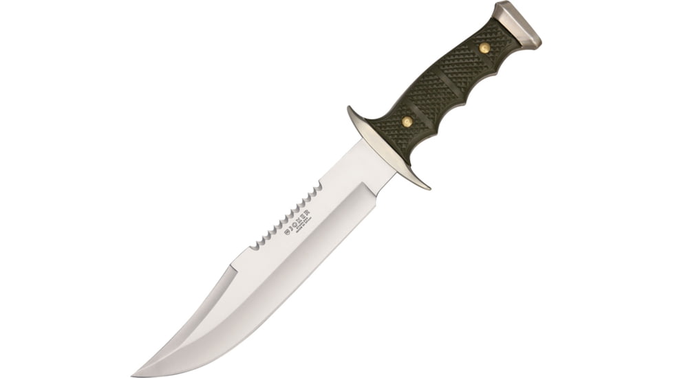 Joker Knives Large Bowie Knife, 13.13in Overall, 8.25in Satin Sawback 1.4116 SS Clip Point Blade, Green Checkered ABS Handle, SS Guard, Camo Nylon Sheath, JKRCF92