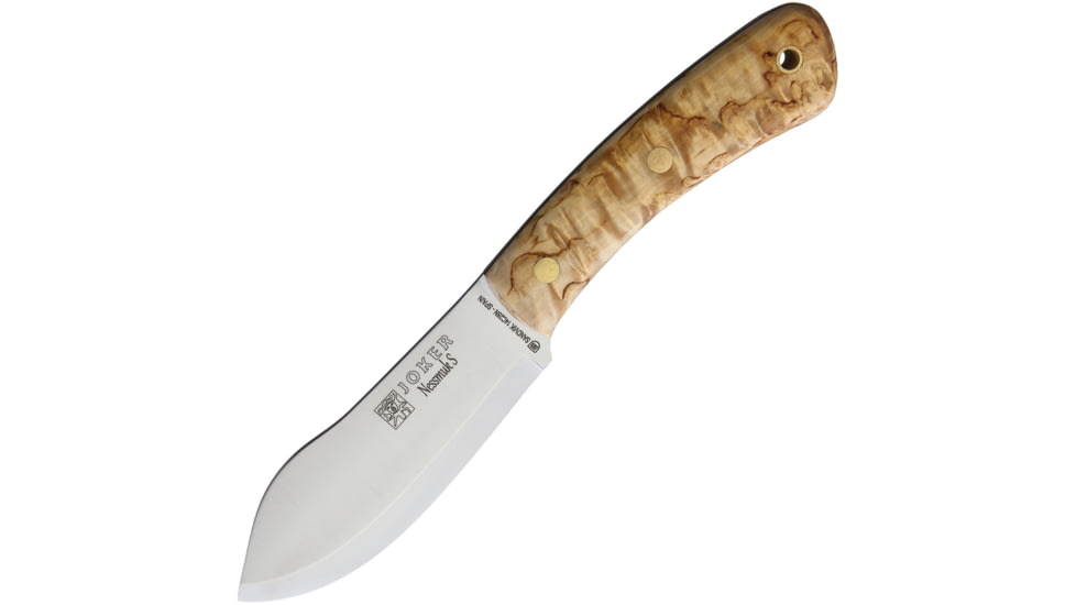 Joker Knives Nessmuk S Fixed Blade Curly Bi Knife, 4.5 satin finish 14C28N Sandvik stainless blade, Curly Birch handle, CL132