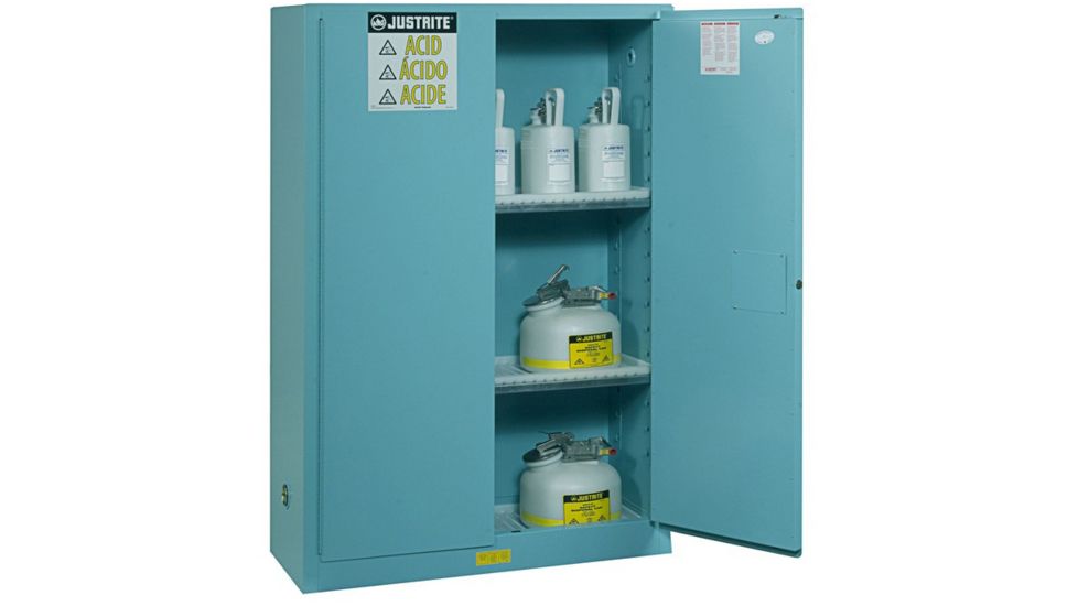 Justrite Corrosives/Acids Safety Cabinet, 45 Gallon, 1 Bi-Fold Self-Close Door, Blue, 8945822