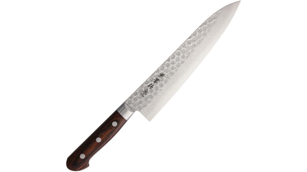 Kanetsune Gyutou Chef Knife Kitchen Knives, 13.25in Overall, 8.5in Hammered Finish Vg-10 Damascus Steel Blade, Brown Laminated Wood Handle, SS Guard, Full Tang, brown, KC-902