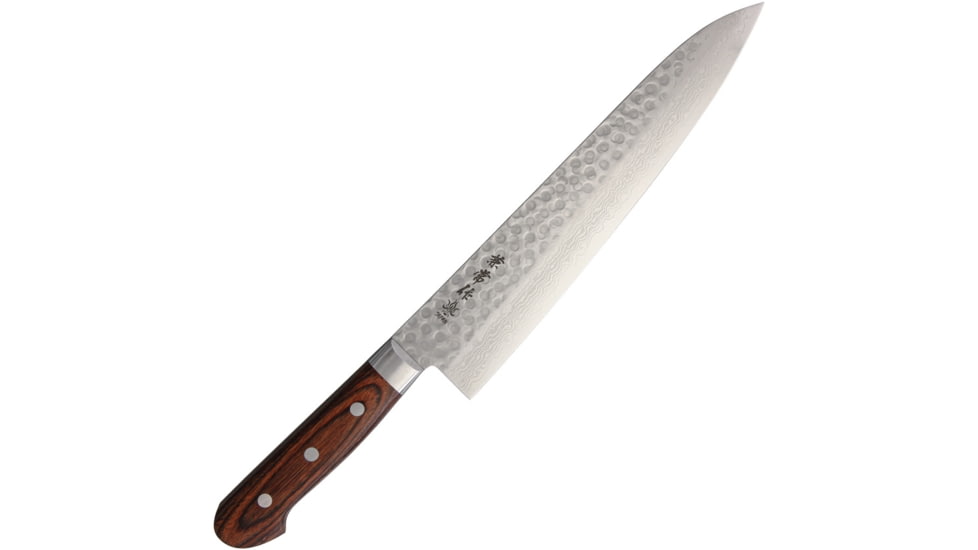 Kanetsune Gyutou Chefs Kitchen Knives, 14.75in Overall, 9.75in Hammered Finish Vg-10 Damascus Steel Blade, Brown Laminated Wood Handle, SS Guard, Full Tang, Brown, KC-901