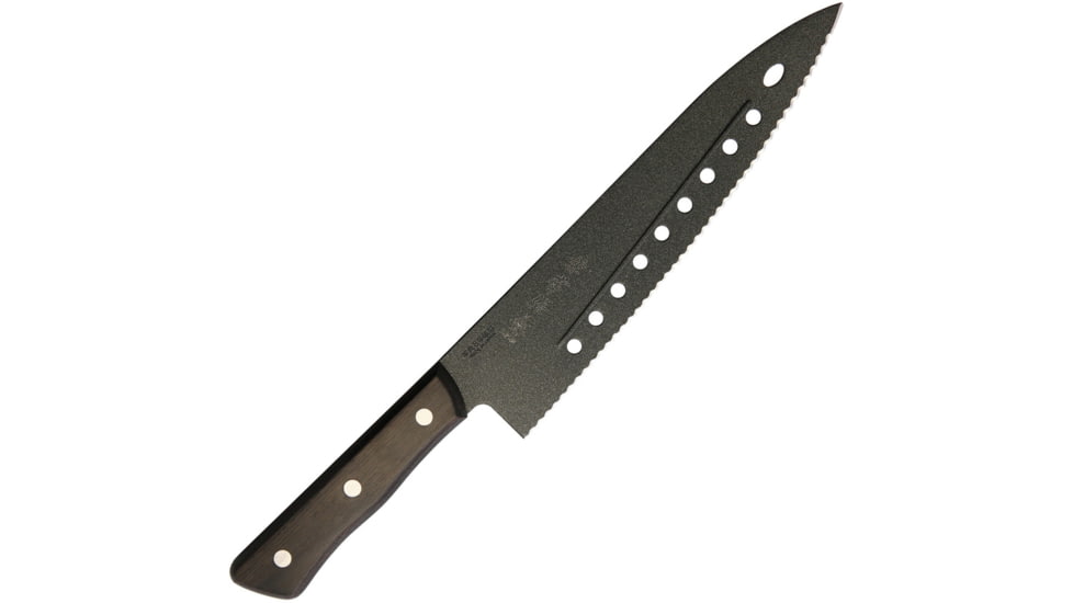 Kanetsune Gyutou Serrated Knife, 8 black coated serrated stainless blade, Brown wood handle, FC-G210-S