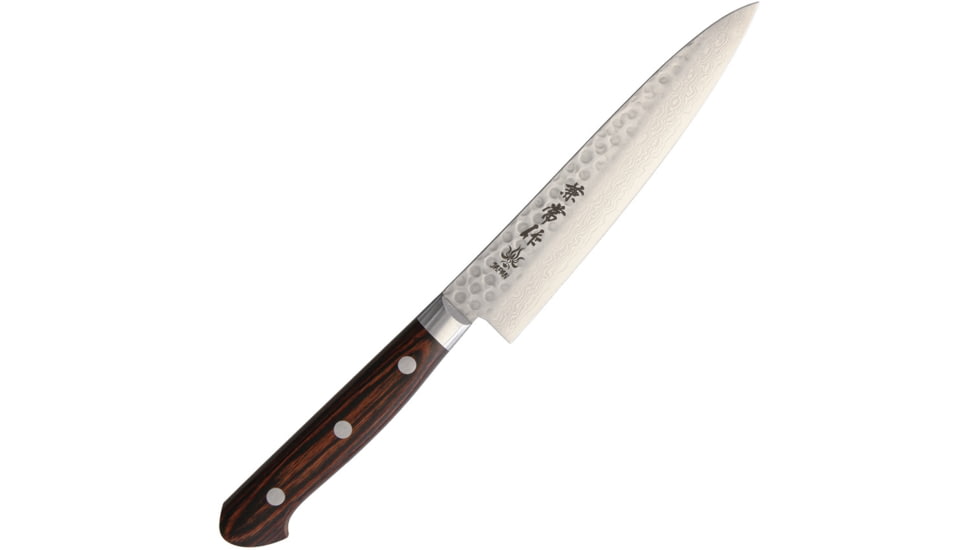 Kanetsune Petty Slicing Kitchen Knives, 9.75in Overall, 5.5in Hammered Finish Vg-10 Damascus Steel Blade, Brown Laminated Wood Handle, SS Guard, Full Tang, brown, KC-904