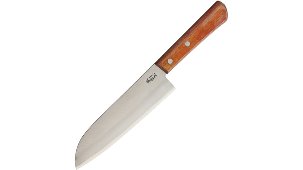 Kanetsune Santoku Kitchen Knives, 11.25in Overall, 6.5in Satin Blade, Blade Features Takefu-Shiro-2 High Carbon Steel Core, Sandwiched Between Sus410 SS Steel, Red Plywood Handle, KC-350