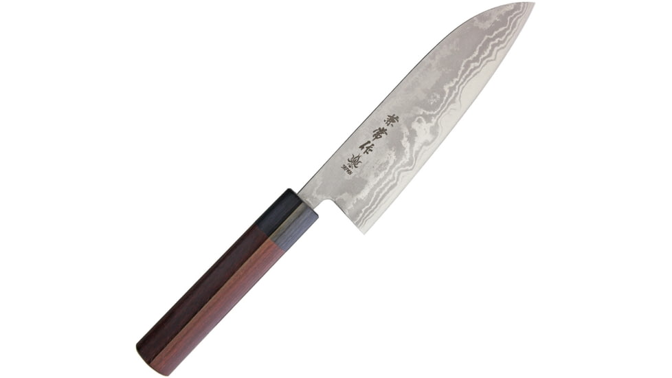 Kanetsune Santoku Kitchen Knives, 12in Overall, 6.5in Blade, Red Sandalwood Handle, Blade Features Blue Steel #2 Core With 11 Layer Damascus, Black Plywood Bolster, Red, KC-462