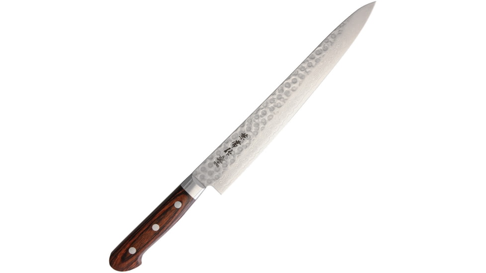 Kanetsune Sujihiki Kitchen Knives, 14.5in Overall, 9.75in Hammered Finish Vg-10 Damascus Steel Blade, Brown Laminated Wood Handle, SS Guard, brown, KC-906