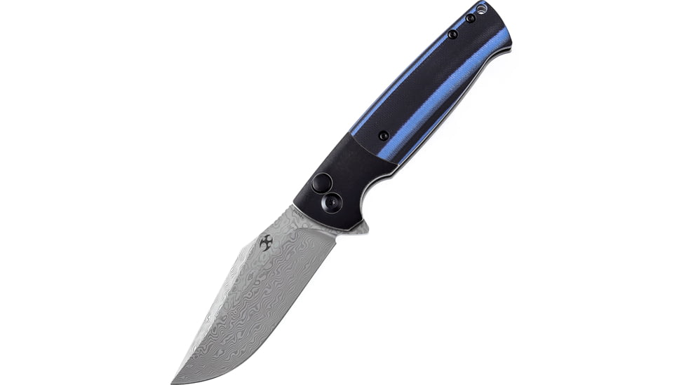 Kansept Knives Skikari SBL Damascus Black/Blue Folding Knife, 4.38in Closed, 3.38in Damascus Steel Clip Point Blade, Black/Blue G10 Handle, Black Nylon Pouch, K2027D2