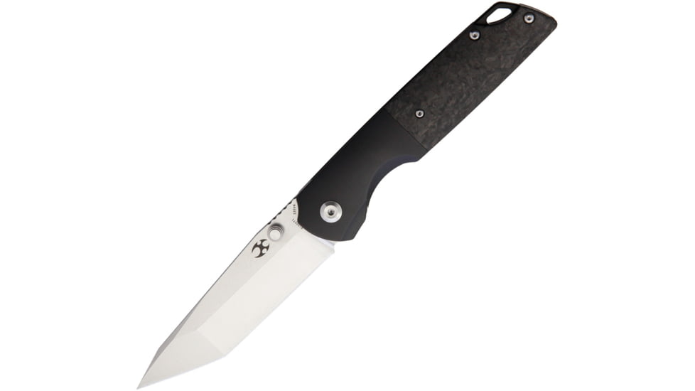 Kansept Knives Warrior Framelock Black Folding Knife, 3.5 tanto stonewash and satin finish CPM S35VN st, Black titanium handle with carbon fiber inlay, K1005T1