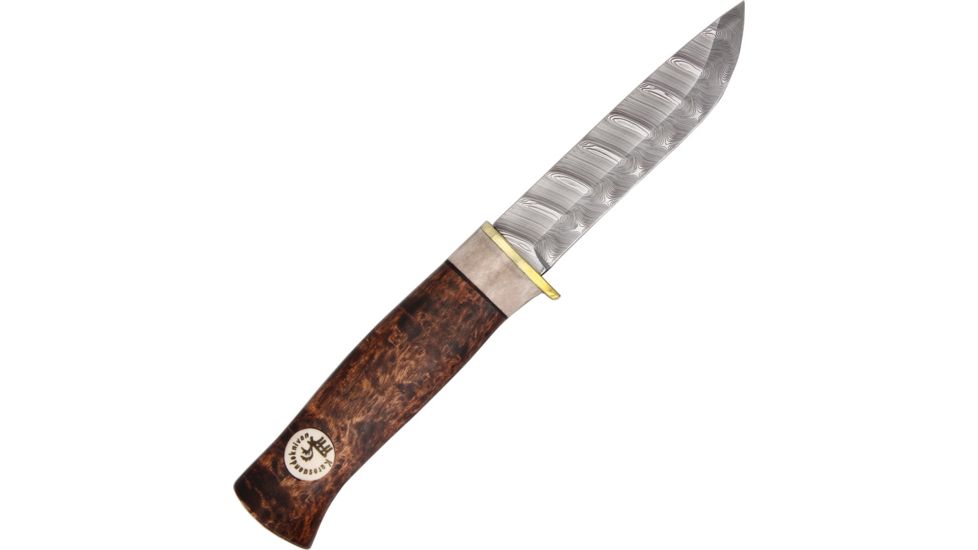 Karesuando Beaver Damask Fixed Blade Knife, 3.75in, Curly Burch and Reindeer Antler Handle KAR3500