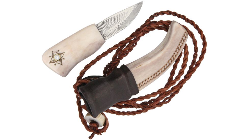 Karesuando Damascus Neck Knife Fixed Blade Knife, 1.125in, Damascus Steel, Standard Edge, Bone Handle KAR3531