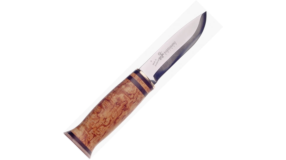 Karesuando Paltsa Fixed Blade Knife, 8.13in Overall, 3.75in 12C27 Sandvik SS Drop Point, Curly Birch Handle w/Brown Wood Inlay, Reindeer Horn Pommel, Brown Leather, Boxed w/Hanging Tab, 4033