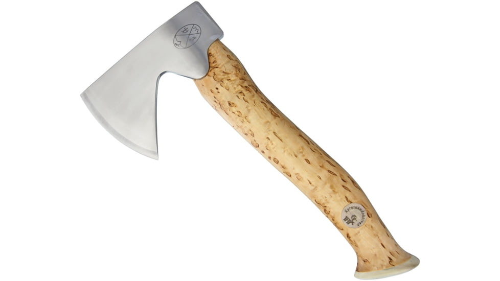 Karesuando Vuogas Aksu Natural, 10.75in Overall, 4.75in 12C27 Sandvik SS Axe Head With 3.13in Cutting Edge, Natural Curly Birch Handle, Reindeer Horn Pommel, Black Leather Belt Sheath, Natural, 4041