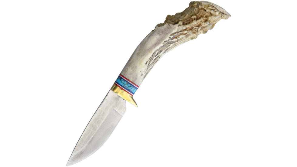 Ken Richardson Knives Small Drop Point Hunter Knife, 3 1085HC steel blade, Shed deer or elk antler handle with turquoise inla, KR1403TDP