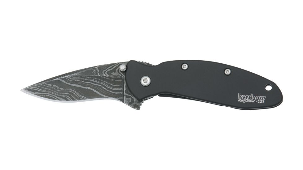 Kershaw Scallion Assisted Opening Folding Knife, 2.4 in, Damascus, Drop Point Blade, Aluminum, Black Handle 1620DAMBK