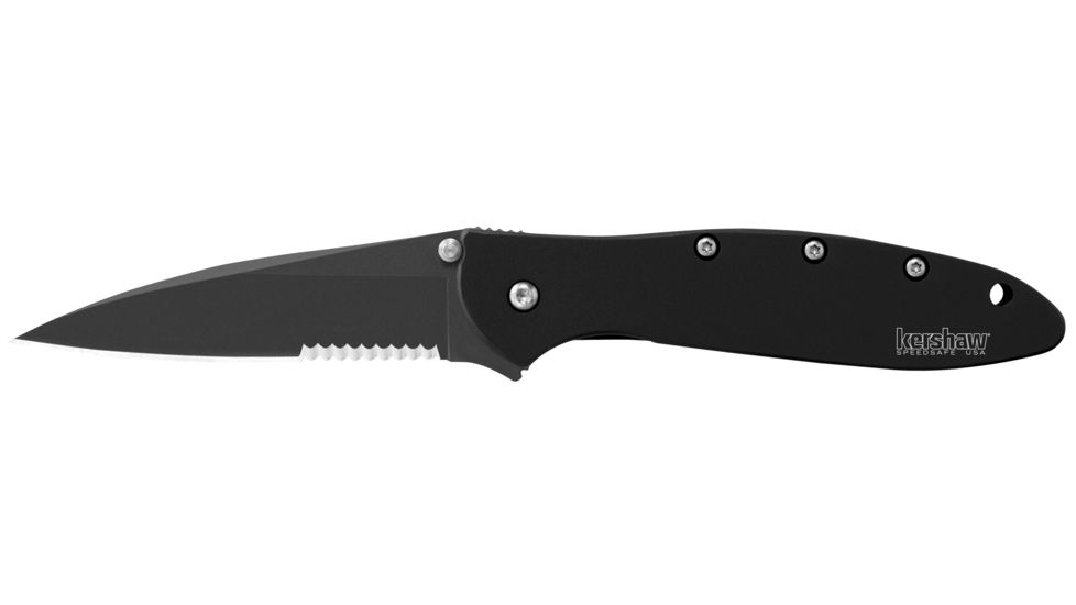 Kershaw Leek Cutting Knife, 3in. Blade, Serrated Edge, Tanto, Stainless Steel, Anodized Aluminum