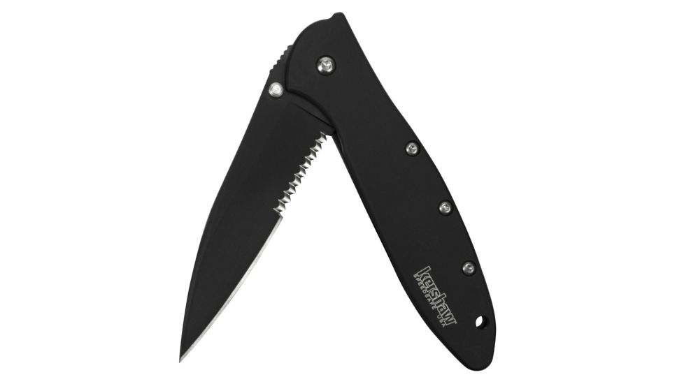 Kershaw Leek Cutting Knife, 3in. Blade, Serrated Edge, Tanto, Stainless Steel, Anodized Aluminum